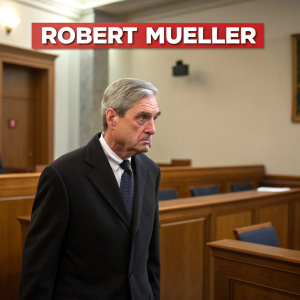 Robert Mueller, serious expression, standing in a courtroom. Memes overlay about legal proceedings.