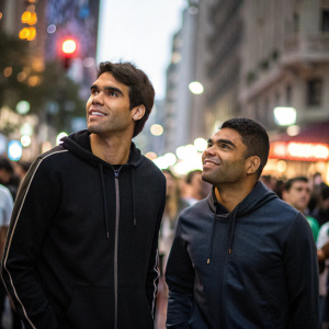 Kaka and Casemiro, soccer stars, on a city street. Bright lights, crowd in the background. Casual wear, no logo visible