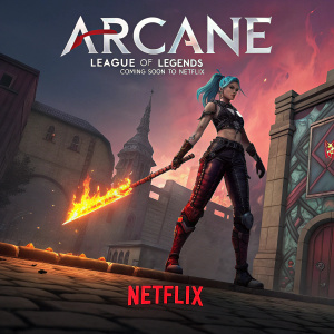 Digital illustration featuring Jinx from Arcane, standing in fierce pose with fiery weapon. Netflix logo prominently displayed. Murals in Warsaw mentioned. Text reads 'Arcane: League of Legends coming soon to Netflix'