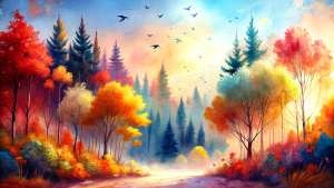 A clearing in the middle of a dense autumn forest - red, gold, crimson. Clear, cloudless azure sky. Yellow birches. Dark green spruce. Maples. Oak trees. Pines. Shrubs. Kick it. The ground is completely covered with fallen leaves. A flock of starlings is flying in the sky.