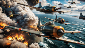 Aviones kamikaze japoneses volando hacia una flota naval aliada durante la Segunda Guerra Mundial, con explosivos visibles en los aviones y un cielo lleno de humo y fuego