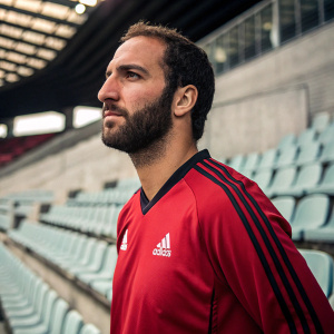 Gonzalo Higuain, wearing a red sports jersey with Adidas logo, posing for a magazine cover. Empty stadium in background
