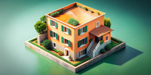 isometric view from 45deg. concrete money box shaped as italian house. with two floors and balcony