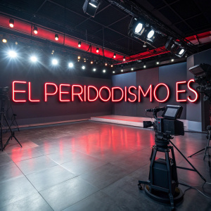 TVN Chile's 'El Periodismo Es' logo. Brightly lit studio background, dynamic camera angles, red neon text 'El Periodismo Es' in bold modern font