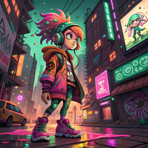 Digital illustration: Zhixi Zhang from Splatoon, standing in a vibrant cityscape. Neon lights, graffiti walls. She wears a punk-inspired outfit with pink, green, and orange hues. Messy hair adds to her unique style.