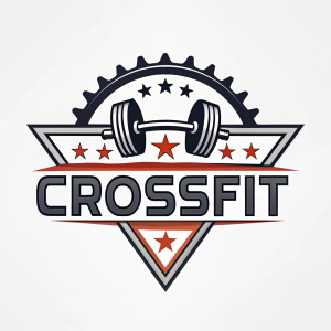 A modern, sleek logo for CrossFit. Angular design inspired by the energy of sports and fitness. The logo features a minimalist depiction of gym equipment, symbolizing strength and power. Text focuses on the brand's commitment to results, with an aggressive, industrial edge.