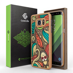 Promotional image showcasing CASEiLIKE phone case for Samsung Galaxy S7. The case is displayed within a sleek, brown box adorned with vibrant graffiti art, set against a minimalist green backdrop.