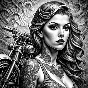 motorcycle bikergirl tattoo design - perfect realistic art - high-definition - grey and black - white background 