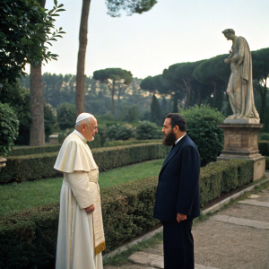 Historic meeting: Pope John Paul II and Fidel Castro share a moment in the Vatican gardens. Pope in traditional white robes, Castro in dark suit. Greenery and statues in background.