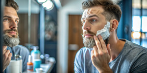 Man with shaving cream, beard upkeep, and skincare for men's health and beauty on blue backdrop. Health, skin, facial hair, morning shave, towel bath.
