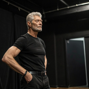 Stephen Lang, Caucasian actor with muscular physique, standing confidently in a dimly lit room. Gray hair and stern expression. Wears black t-shirt. Holding a cigar. The scene is set against a plain black backdrop, emphasizing his presence.