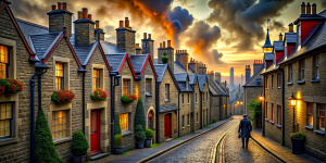 Street of a Victorian city. Evening. Stone houses with red tiled roofs, wooden window frames, wooden doors, smoke coming from two chimneys. There are Christmas decorations on the windows and doors of the houses. A handsome, slender young man in Victorian clothes, with a book in his right hand, stands on the road.