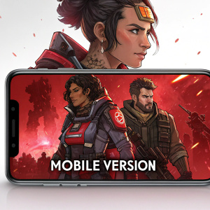 Digital illustration of Apex Legends Mobile game interface on smartphone screen. Main characters in vibrant, action-oriented style with red hues and dynamic elements. Clear text indicating it's the mobile version.