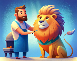 A lion in a barbershop, the lion is being trimmed by a guy