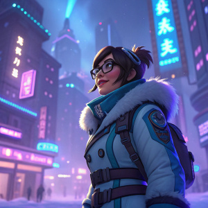 Mei, the icy hero from Blizzard's Heroes of the Storm, stands in a vibrant neon cityscape. Dynamic graphic style mimics a cinematic scene. Background pulsates with electric blues and purples.