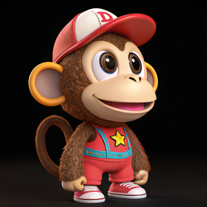 3D illustration of a cute monkey character, inspired by Diddy Kong. Playful and whimsical design. Black background.