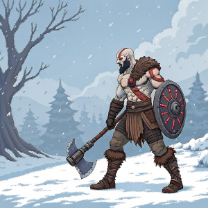 Kratos, the Spartan warrior, pixel art design. Armed with axe and shield. Winter landscape background.
