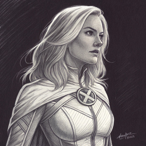 Digital art piece featuring Emma Frost, character from Marvel Comics. Pencil sketch style, detailed and bold. Dark background, Emma in fitted suit with chest emblem. Signed by artist Adriano Basile