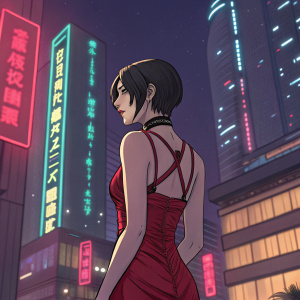 Ada Wong, in a detailed digital illustration, standing in front of a neon-lit cyberpunk cityscape. Wearing a form-fitting red dress with intricate back design. Short dark hair. Anime style with vibrant colors and strong contrasts.