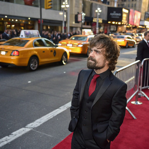 Peter Dinklage at the Game of Thrones premiere. Wearing a black suit and a red tie. Standing on a busy New York City street with yellow taxis in the background.