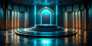 Futuristic dark podium with light and reflection background