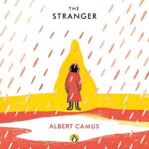 Book cover for 'The Stranger' by Albert Camus. Dark and moody artwork featuring a distressed central figure standing in the rain. Dripping water, gray and black colors. Penguin Classics logo, author's name, and traditional literary illustration style.