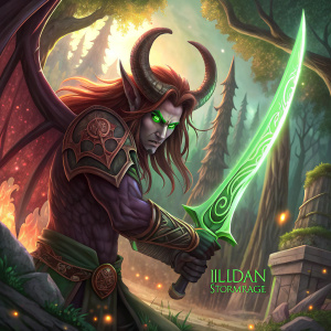 Digital painting of Illidan Stormrage from World of Warcraft. Intense gaze, wielding a large green sword. Detailed artwork with warm colors and intricate designs. Signature of artist in bottom right corner.