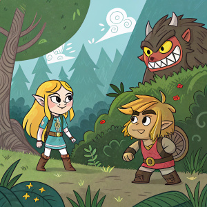 Cartoonish fantasy setting featuring characters from Breath of the Wild. A blonde-haired female, a determined male, and an evil-looking creature with gnarled features and sharp teeth are present.