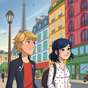 Vector illustration. Marinette and Adrien from Miraculous Ladybug. Marinette smiling, Adrien serious. Background is a colorful Parisian street scene