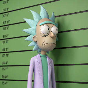 Rick Sanchez, the eccentric genius from Rick and Morty, captured in a 3D digital art piece. Wears his iconic purple lab coat and has a weary expression. Set against a green mugshot-style backdrop.