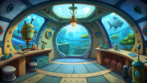 background, view from a submarine, inside, cartoon style