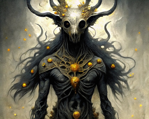a shapeless, black shell with tentacles, clad in a tattered, yellow chlamyda, a deer skull like head, under which is seen a stone mask of matchless beauty, ultra detailed, oil painting, dark fantasy digital art, top view full body shot