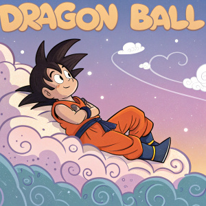 Goku, in his iconic Dragon Ball Z attire, resting on a floating platform amidst a serene, mystical sky. Bold, vibrant colors and a dreamy atmosphere. 'Dragon Ball' logo in playful, cartoonish font.