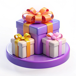 dibujo  cajas de regalos de colores con un moño arriba pero sin cintas que atraviesen la caja y que tengan una parte en blanco para poner un logo y que el fondo sea de color lila claro