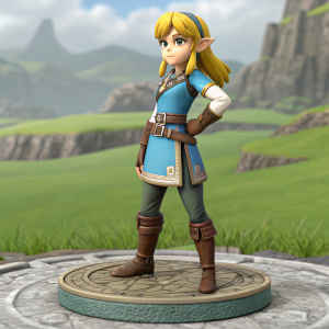 A detailed 3D render of Linkle from the Legend of Zelda: Link's Awakening. She stands outdoors on a verdant field with rugged cliffs in the background. The figurine is dressed in a classic Link-style outfit with hues of blue, brown, and gold. Her golden blonde hair cascades over her shoulders, framing her determined expression. The circular stone base is intricately designed, showcasing her confident stance.