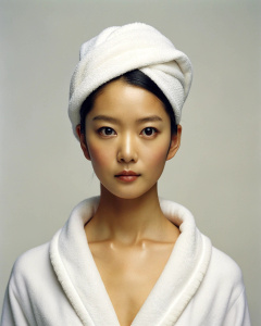 1girl, wearing a white open bathrobe, Clara Lee Sung-min's perfect body proportions, 20-year-old Korean actress, head towel, top quality, masterpiece, (fidelity: 1.2), 1, brown hair, brown eyes, front, exquisite Face, beautiful eyes left blank, collarbone, looking at the audience, rough waves, beautiful and perfect body, (simple white background: 1.2), (panorama: 1.3), in a white room, beautiful and mature, wide-angle lens, grinning Smile, deep groove, deep shadow, John Rankin Waddell, <lora:kor