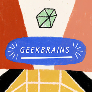 Creative graphic design for the tech startup 'GeekBrains'. Modern logo with bold purple banner and clean geometric shapes.