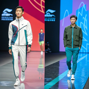 Digital collage featuring male models of East Asian ethnicity. Sportswear and casual outfits. Vibrant runway backgrounds with abstract graphics and brand logos. Contemporary fashion trends.