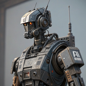 Chappie, a highly detailed robotic figure. Created by Greg Broadmore at Weta Workshop. The robot features intricate metalwork in shades of grey and silver. Its head includes sensors, antennas, and panels. Set against a minimal, monochromatic backdrop. Digital art style.