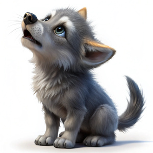 cría de lobo de color plomo, muy triste, estilo chibi, ojos muy grandes y tristes, aullando de perfil, mirando arriba, aullando hacia arriba, aullando
