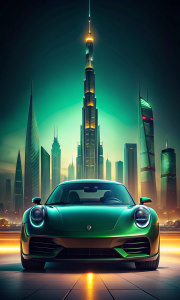 front view porsche 911 dark green night dubai burj khalifa in the background