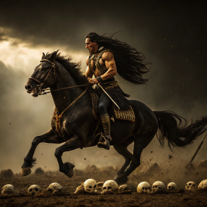 Album cover for Manowar's 'Into Glory Ride'. A powerful figure with long dark hair riding a fierce black horse. The steed is in full gallop. Dark and moody background. The color scheme is predominantly brown, gold, and black, with scattered skulls adding a stark contrast.