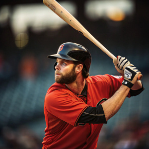 Brandon Belt, baseball player, intense gaze, wearing red jersey. Batting stance, wooden bat. Background blurred stadium seats.