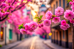 Blooming sakura flowers, close-up. Cherry blossoms in the street. The Japanese symbol. Spring background with pink petals