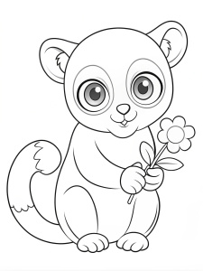 simple outline and shapes of baby Kinkajou with flower next to it, coloring book page for children, no colors, black and white, no drawing inside , white background , line only
