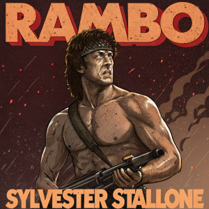 Cover Art for Rambo II. Sylvester Stallone, shirtless, muscular, intense facial expression, holding a weapon. Dark background with splashes of brown and red. Title 'RAMBO II' and 'Sylvester Stallone' in bold, distressed font.