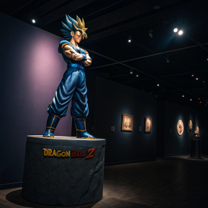 In a dimly lit gallery, a majestic statue of Vegito stands proudly. The warrior, from Dragon Ball Z, is depicted in a fierce pose with a determined look. The dark backdrop seems to challenge him, adding drama to the scene. The pedestal, made of a smooth, textured material, complements the figure and features the iconic Dragon Ball Z logo.
