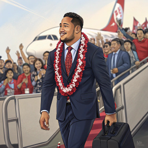 Alesana Tuilagi, Polynesian rugby player, arriving at the airport. Dark blue suit, red floral lei. Crowd cheering