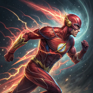 Digital artwork showcasing Wally West, The Flash, in a dynamic pose. Cosmic background with swirls of dark and vibrant colors. Energy lines radiate around him