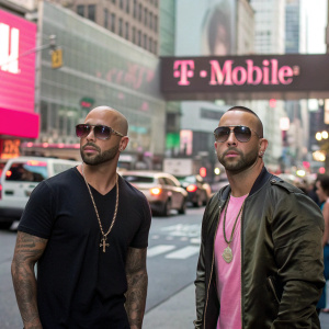 Wisin and Yandel, two Latin music stars, standing outdoors on a busy city street. T-Mobile logo in background, casual attire, sunglasses and tattoos visible.